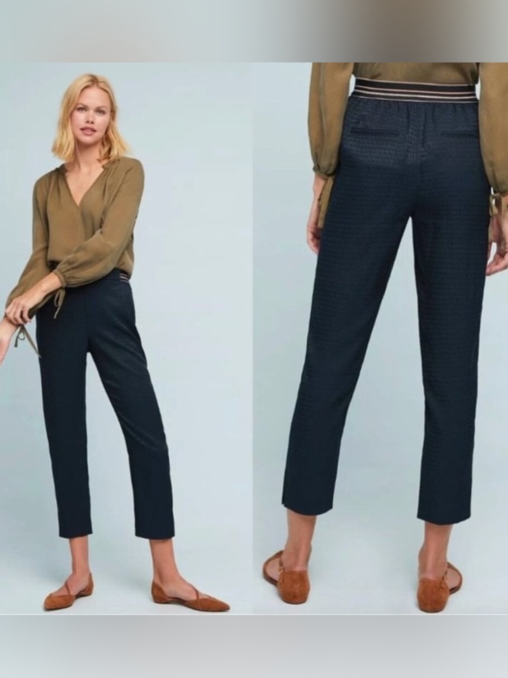 Anthropologie Essential Pull-On Trousers Size Medium Petite Navy Blue Pockets